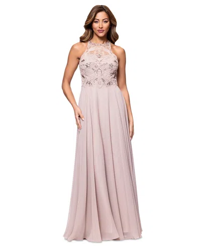 Xscape Petite Beaded Sleeveless High-neck Gown In Taupe