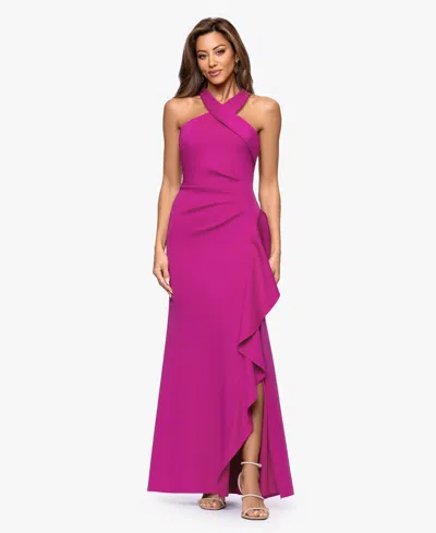 Xscape Petite Cross-neck Ruffle Gown In Pink