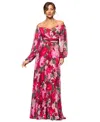 Xscape Petite Floral-print Pleated Off-the-shoulder Gown In Red,olive