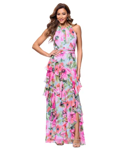 Xscape Petite Floral-print Ruffled Gown In Pink,periwinkle