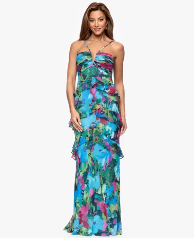 Xscape Petite Floral Printed Tiered Ball Gown In Blue