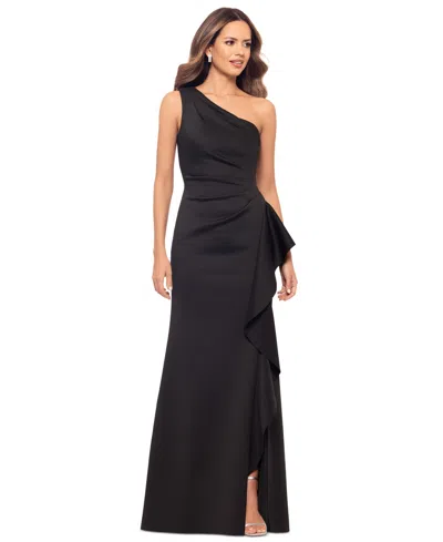 Xscape Petite Gathered-waist One-shoulder Evening Gown In Black