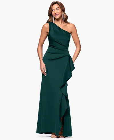 Xscape Petite Gathered-waist One-shoulder Evening Gown In Green