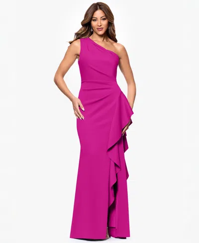 Xscape Petite Gathered-waist One-shoulder Evening Gown In Purple