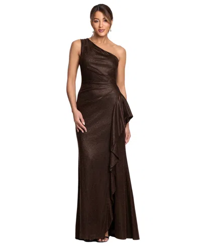 Xscape Petite Glitter Galaxy One-shoulder Ruched Sheath Gown In Brown