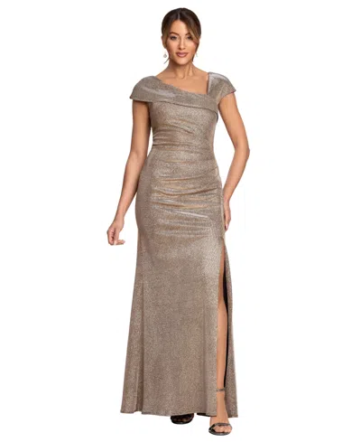 Xscape Petite Glitter Metallic Asymmetrical Sheath Ball Gown In Nude