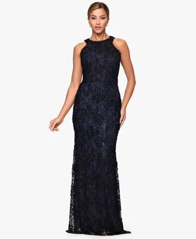 Xscape Petite High-neck Sleeveless Lace Sheath Gown In Blue