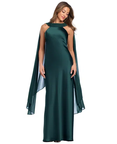 Xscape Petite High-neck Cape-back Sleeveless Gown In Hunter