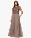Xscape Petite Long Bead Mesh Crew Neck Dress In Brown