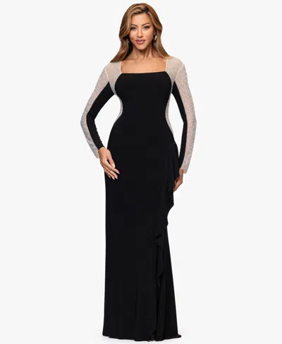 Xscape Petite Long Beaded Sleeve Dress In Black