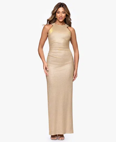 Xscape Petite Long Glitter Knit Halter Neck Ball Gown In Neutral