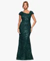 Xscape Petite Long Lace Asymmetrical Neck Dress In Green