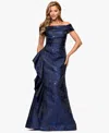 Xscape Petite Long Off-the-shoulder Brocade Side Ruffle Gown In Blue