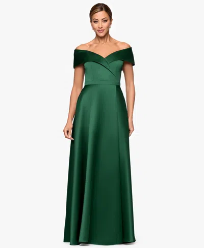 Xscape Petite Long Satin Off-the-shoulder A-line Gown In Green
