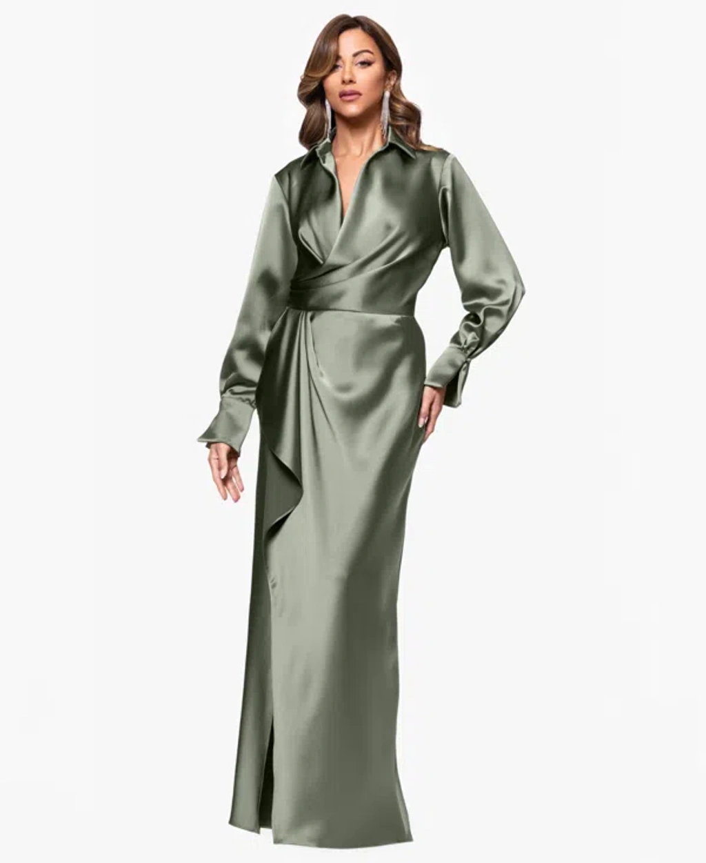 xscape green dress Xscape Long Crepe Off the Shoulder Ruffle Short Sleeve Women's Dress Pine : 14