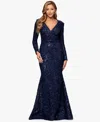 Xscape Petite Long Sleeve V-neck Lace Dress In Blue