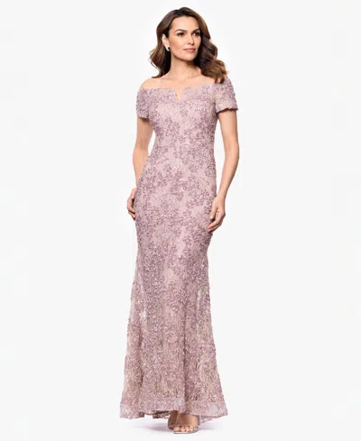 Xscape Petite Long Soutache Lace Off-the-shoulder Ball Gown In Purple