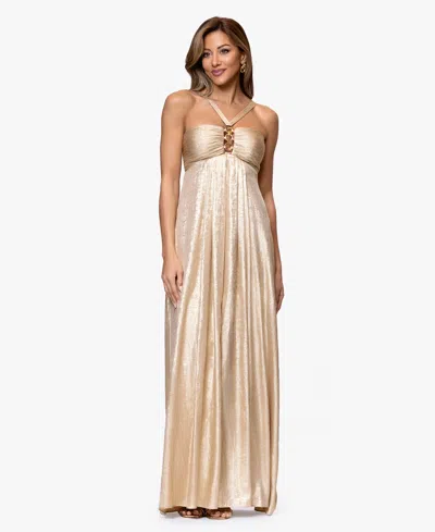 Xscape Petite Metallic Hardware Halter Neck Gown In Gold