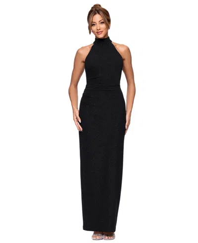 Xscape Petite Metallic Knit Mock Neck Sheath Gown In Black