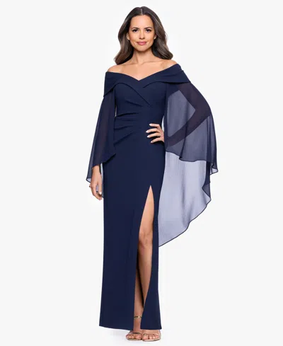 Xscape Petite Off-the-shoulder Cape Dress In Blue