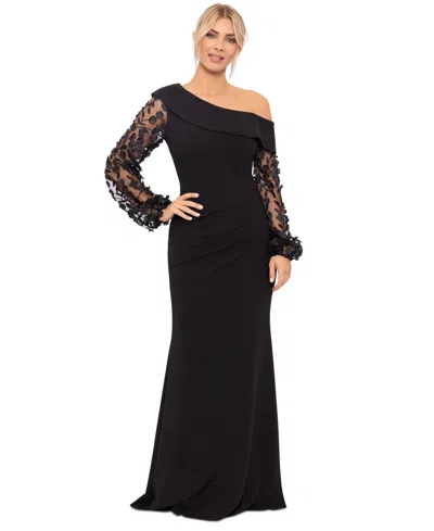 Xscape Petite Off-the-shoulder Floral-sleeve Gown In Black