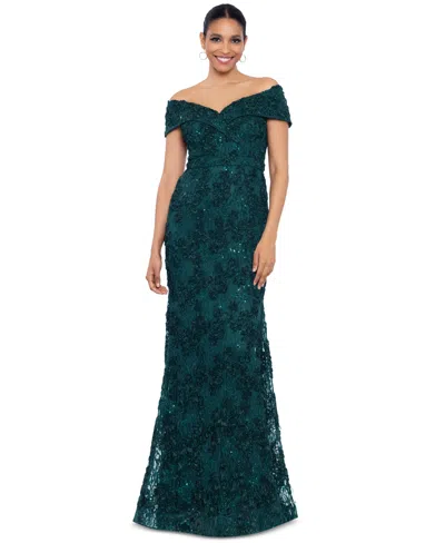 XSCAPE PETITE OFF-THE-SHOULDER LACE GOWN