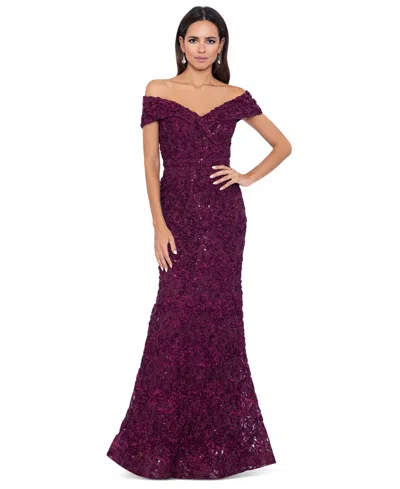 Xscape Petite Off-the-shoulder Lace Gown In Wine
