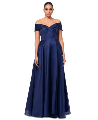 Xscape Petite Off-the-shoulder Organza Gown In Navy