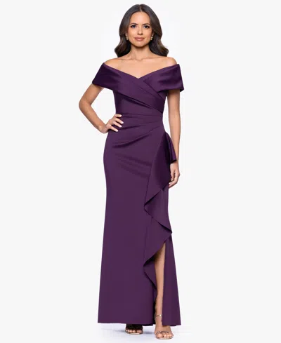 Xscape Petite Off-the-shoulder Ruffle Detail Gown In Purple