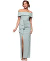 Xscape Petite Off-the-shoulder-sleeve Draped Gown In Sage