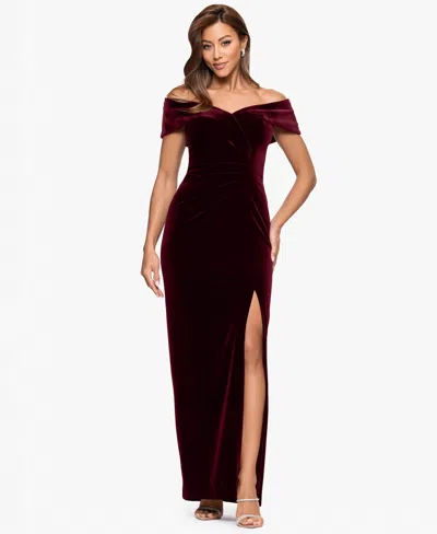 Xscape Petite Off-the-shoulder Sweetheart Velvet Gown In Burgundy