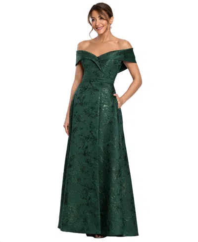 Xscape Petite Off-the-shoulder Brocade Print Ball Gown In Green