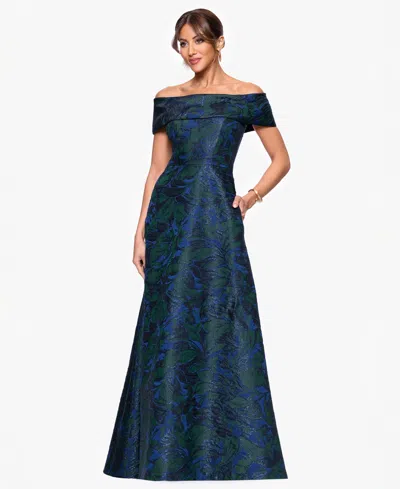 Xscape Petite Off-the-shoulder Jacquard Ball Gown In Blue