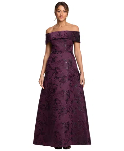 Xscape Petite Off-the-shoulder Metallic Brocade A-line Gown In Burgundy