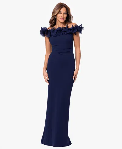 Xscape Petite Off-the-shoulder Ruched Wire Sheath Gown In Blue