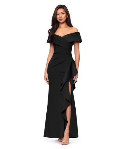 Xscape Petite Off-the-shoulder Ruffle Detail Gown In Black
