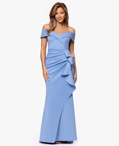 Xscape Petite Off-the-shoulder Ruffle Gown In Blue