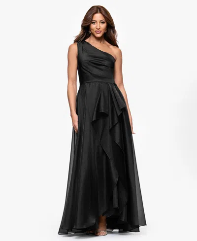 Xscape Petite One Shoulder A-line Long Dress In Black
