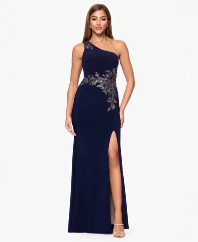 Xscape Petite One-shoulder Applique Ball Gown In Blue