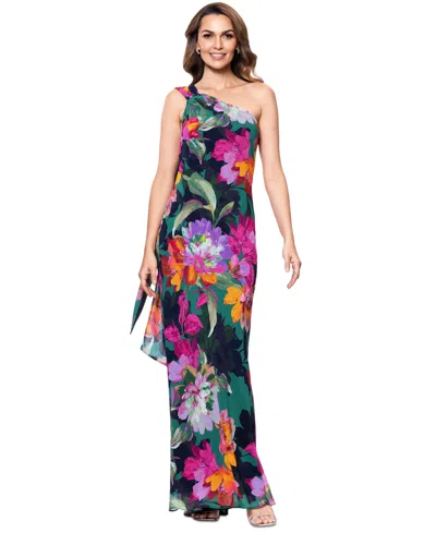 Xscape Petite One-shoulder Chiffon Fit & Flare Gown In Green Multi