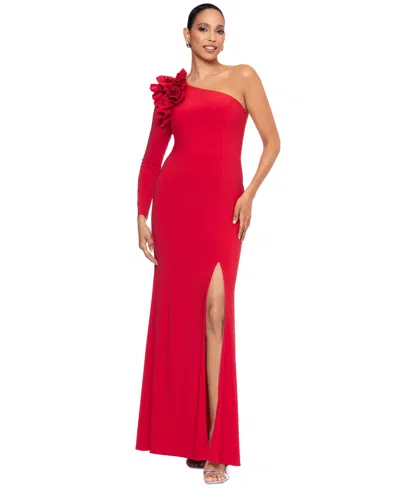 Xscape Petite One-shoulder High-slit Evening Gown In Red