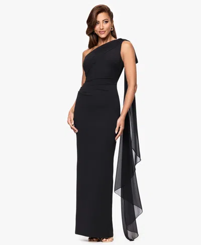 Xscape Petite One Shoulder Long Gown In Black