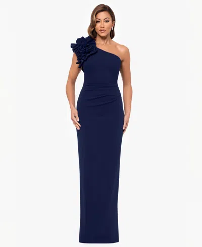 Xscape Petite One-shoulder Long Sheath Gown In Blue