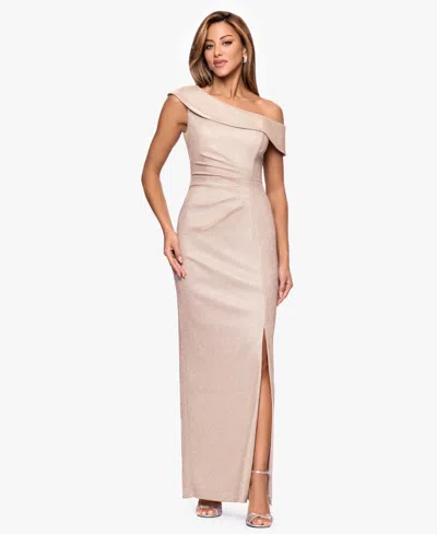 Xscape Petite One-shoulder Long Slit Dress In Neutral