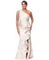 Xscape Evenings Metallic Floral Jacquard One-shoulder Sheath Gown In Champagne