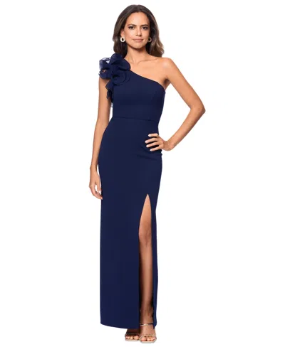 Xscape Petite One-shoulder Ruffle Gown In Navy