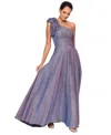 Xscape Plus Size One-shoulder Metallic Gown In Black,silver,fushia