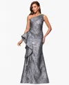 Xscape Petite One-shoulder Ruffled Jacquard Gown In Gray