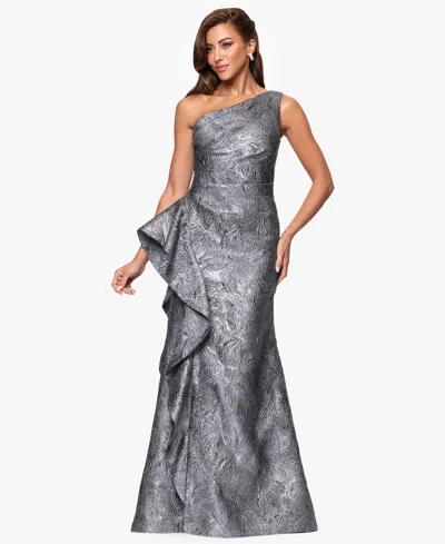 Xscape Petite One-shoulder Ruffled Jacquard Gown In Gray