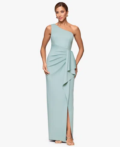 Xscape Petite One-shoulder Side Ruching Gown In Blue
